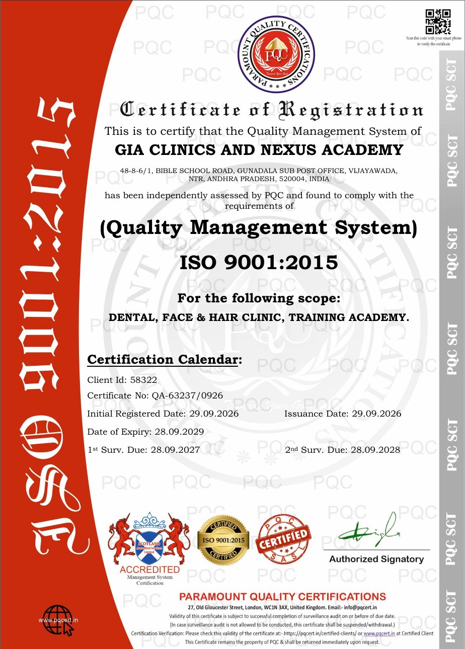 ISO 9001:2015 certificate of registration for GIA Clinics and Nexus Academy